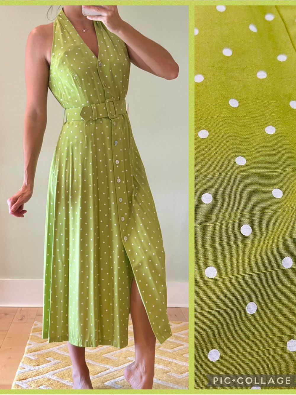 Coldwater Creek Green Polka Dot Halter Midi Dress with Belt